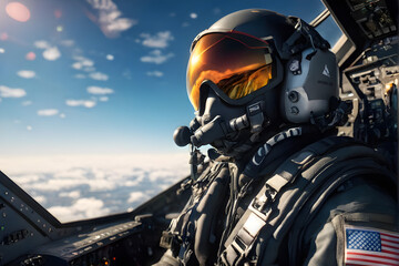 Military Combat Airforce Full Helmet Flying In Fighter Jet Cockpit For War Mission Duty Service Concept	