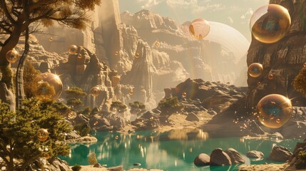 A magical landscape of a turquoise lake surrounded by mountains, trees and bubbles in a vast alien desert.