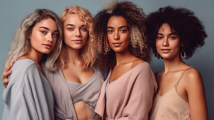 Four natural-looking women from diverse ethnic backgrounds posing together, showcasing beauty diversity