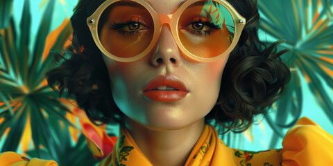 Obraz premium Retro style pastel colors summer background. Fashion woman wearing big sunglasses.