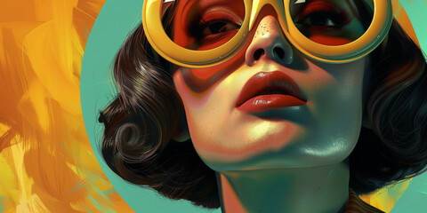 Fototapeta premium Retro style pastel colors summer background. Fashion woman wearing big sunglasses.