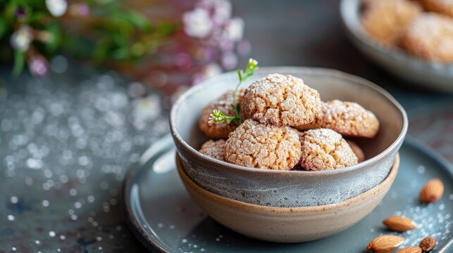Small Italian confectionery dessert known as amaretti cookies in a dish