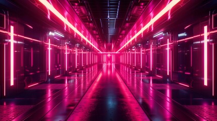 Futuristic corridor glowing with neon lights and reflections, creating a sense of depth and movement.