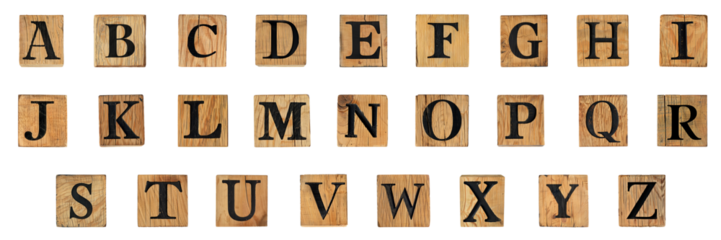 English letter group png on wooden block transparent with no background mockup.