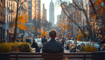 Fototapeta premium Young person viewing autumnal city street