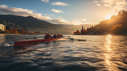 A team of rowers glide across the water in a long boat during a serene sunrise session