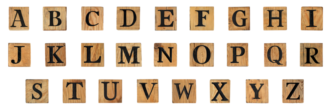 English letter group png on wooden block transparent with no background mockup.
