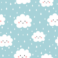 Seamless pattern with clouds and rain. Childish texture with cute clouds and raindrops. Vector illustration. It can be used for wallpapers, wrappers, cards, patterns for clothes and others.