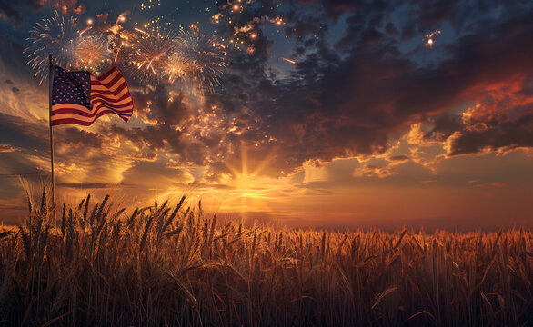 Wheat field at sunset with American flag and fireworks 