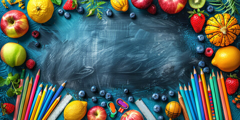 Colorful school supplies and fresh fruits surrounding a blank chalkboard, perfect for educational or healthy eating concepts. Back to School.