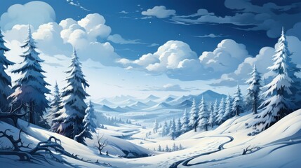 A digital illustration presents a stylized winter scene with snow-covered trees, mountains, and a clear sky above