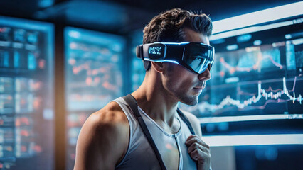 An individual using wearable technology to monitor health metrics and enhance physical performance, surrounded by digital health data visualizations.