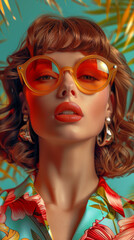 Obraz premium Retro style pastel colors summer background. Fashion woman wearing big sunglasses.