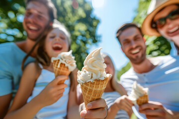 national ice cream day with families enjoying ice cream cones in the sun. generative ai
