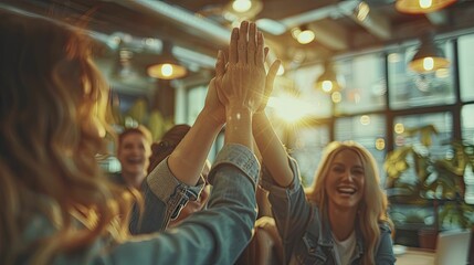A triumphant high-five marks a moment of team synergy, capturing the energy and camaraderie of colleagues in an office environment, illuminated by natural light.
