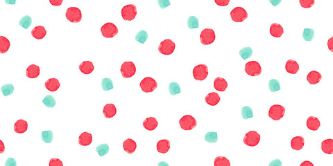 Seamless hand drawn pattern with cute watercolor red and teal colors dots isolated on white background