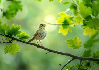 A small bird perched on the branch of an oak tree, surrounded by lush green leaves in springtime nature Generative AI