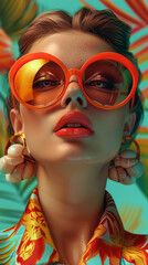 Fototapeta premium Retro style pastel colors summer background. Fashion woman wearing big sunglasses.