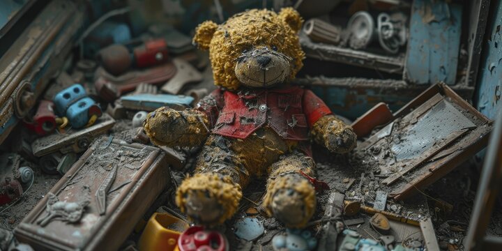 Forgotten toys lie in decay, evoking memories of lost childhoods, with broken and dusty remnants, capturing a sense of nostalgic abandonment.