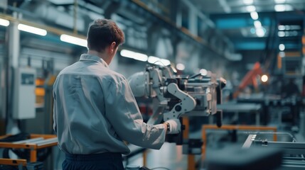 Fototapeta premium Engineer operating high-tech machinery in a modern manufacturing facility, focused on equipment.