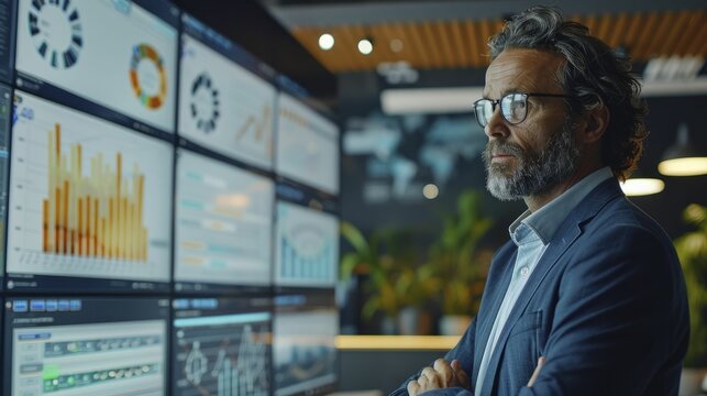 Real-time data driving impactful decision-making, in a professional office with digital charts, clear and impactful, strategic and data-driven