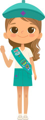 Young smiling girl scout wearing sash with badges isolated on white background. Female scouter, Junior ligue Scout Girls troop