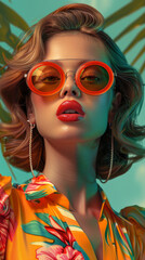 Obraz premium Retro style pastel colors summer background. Fashion woman wearing big sunglasses.