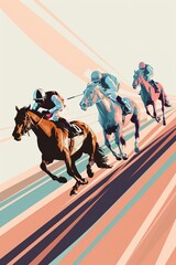 Dynamic abstract illustration of three jockeys racing horses with vibrant colors and motion lines.