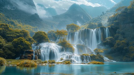 Fototapeta premium Ban Gioc waterfall in Cao Bang, Viet Nam - The waterfalls are located in an area of mature karst formations were the original limestone bedrock layers are being eroded 