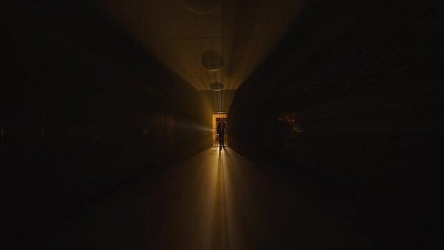 A mysterious figure is seen at the end of a dimly lit hallway, eerie shadows adding to the enigma