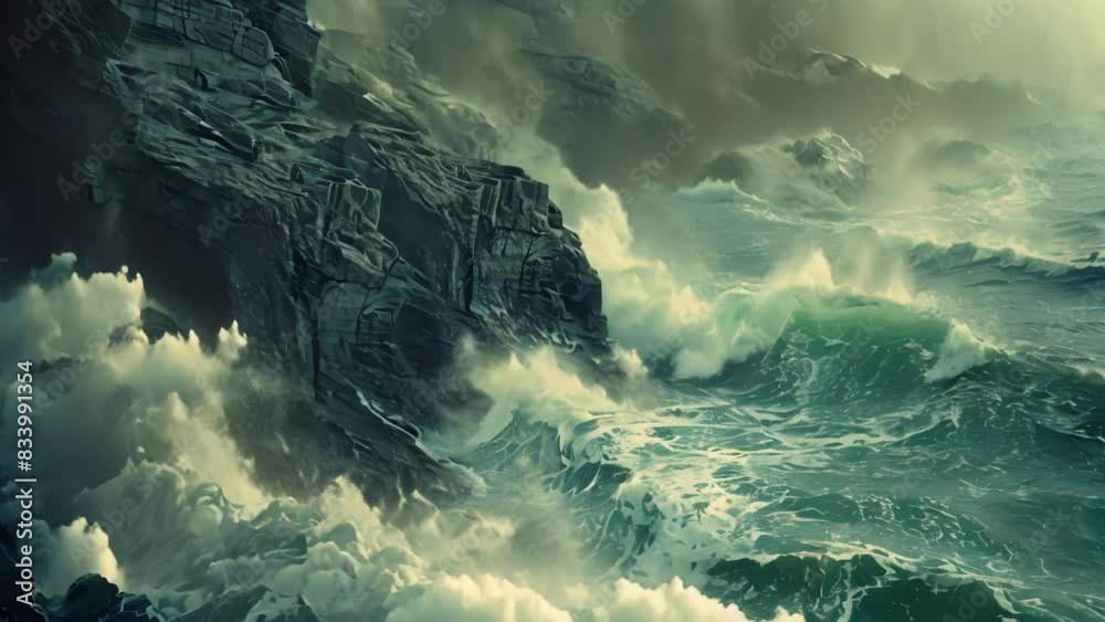Wall mural Dynamic waves collide with a rocky cliff in a powerful display of natures force, A rocky cliff overlooking a turbulent ocean, with crashing waves and swirling sea foam below - Wall murals