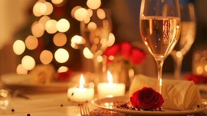 A table set with a plate of food and a glass of wine in a romantic ambiance, A romantic dinner setting with candlelight