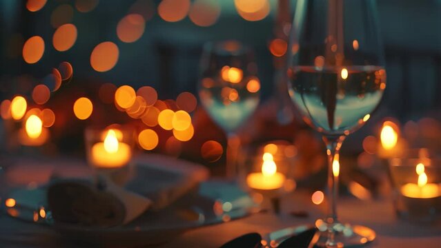 A table adorned with a glass of wine and a plate of food, A romantic dinner setting with candlelight