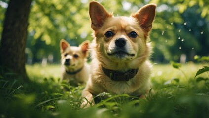Playful Poochs Double Exposure Escapade in a Lush Green Park.