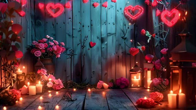 A wooden table is covered with a multitude of lit candles, creating a warm and inviting atmosphere, A romantic setting with hearts and flowers