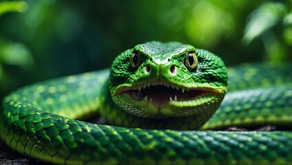 Fototapeta premium The original sin Green snake with mouth open on a green background.