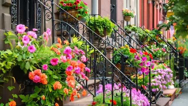 Vibrant flowers cascading down the side of a brownstone building with stoops, adding color and charm to the urban setting, A row of brownstones with stoops and hanging flower baskets
