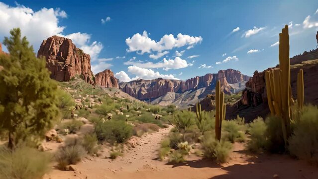 A dirt road winds through a desert landscape bordered by towering mountains and cactus plants, A rugged desert landscape with towering red rock formations and cacti along the trail