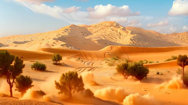 A dirt road running through a vast desert landscape with sand dunes in the background, A surreal desert landscape with towering sand dunes and mirages