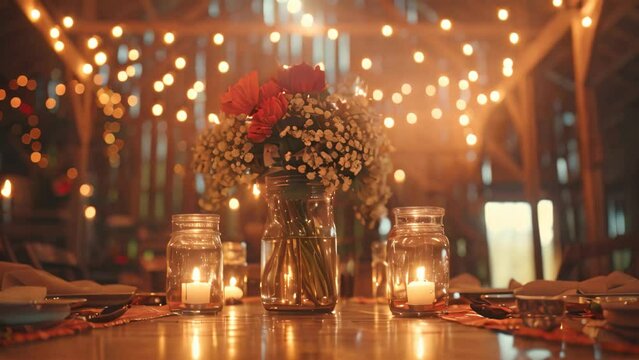 A rustic table adorned with mason jars filled with colorful flowers, A rustic barn venue adorned with fairy lights and mason jar centerpieces