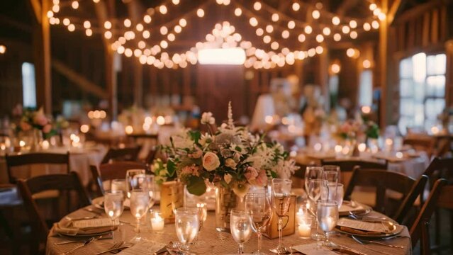 A formal dinner table with candles and flowers set for a special event in a rustic barn wedding venue, A rustic barn wedding with string lights and mason jar centerpieces
