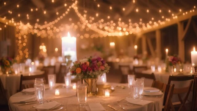 A wooden table adorned with a vase of flowers and lit candles, setting the scene for a rustic barn wedding, A rustic barn wedding with string lights and mason jar centerpieces