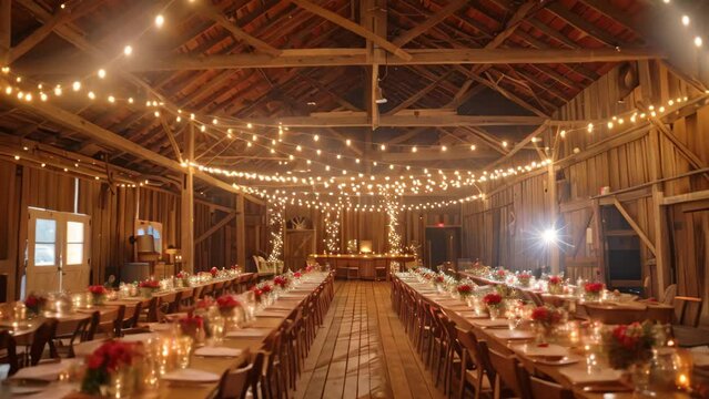 A large barn transformed into a wedding reception venue with tables, chairs, and string lights hanging from the ceiling, A rustic barn wedding with string lights and mason jar centerpieces