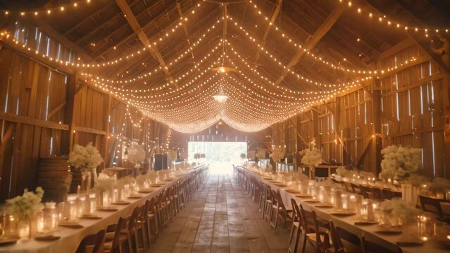 A barn filled with numerous tables covered in twinkling lights, set up for a rustic wedding celebration, A rustic barn wedding with string lights and mason jar centerpieces