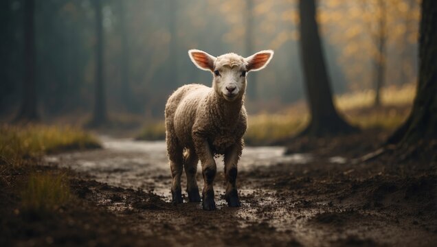 Lamb of God Little lamb standing in the mud at the edge of the forest.