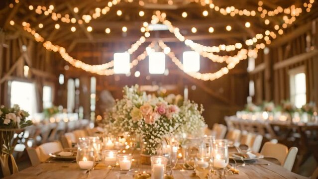 A rustic wooden table adorned with numerous flickering candles, creating a warm and inviting ambiance, A rustic barn wedding with string lights and mason jar centerpieces