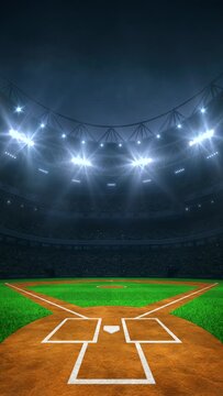 Modern sport stadium at night and baseball field ready for evening match. Looped animation of sports background as vertical 4K video.