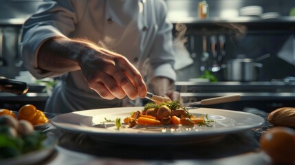 Master chef cook man hands precisely cooking dressing preparing tasty fresh delicious mouthwatering gourmet dish food on plate to customers 5-star michelin restaurant kitchen close-up detailed artwork