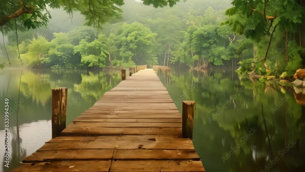 Poster A wooden dock stretching out into the calm lake waters on a sunny day, A rustic wooden dock stretching out into a peaceful river