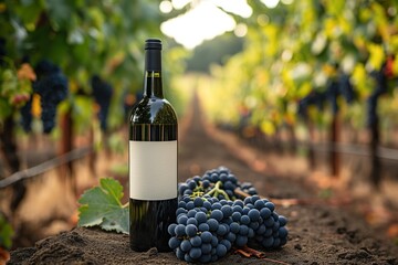 Fototapeta premium Wine bottle and grapes in vineyard at sunset